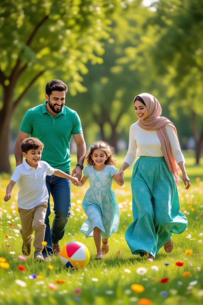 یک خانواده شاد در پارک در حال بازی کردن