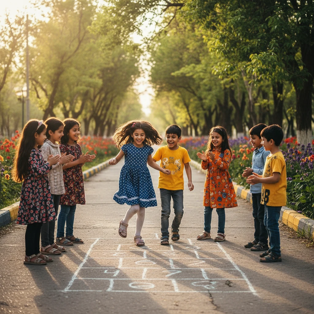 چند دختر در حال بازی کردن لی لی در پارک با شادی به جای گوشی بازی