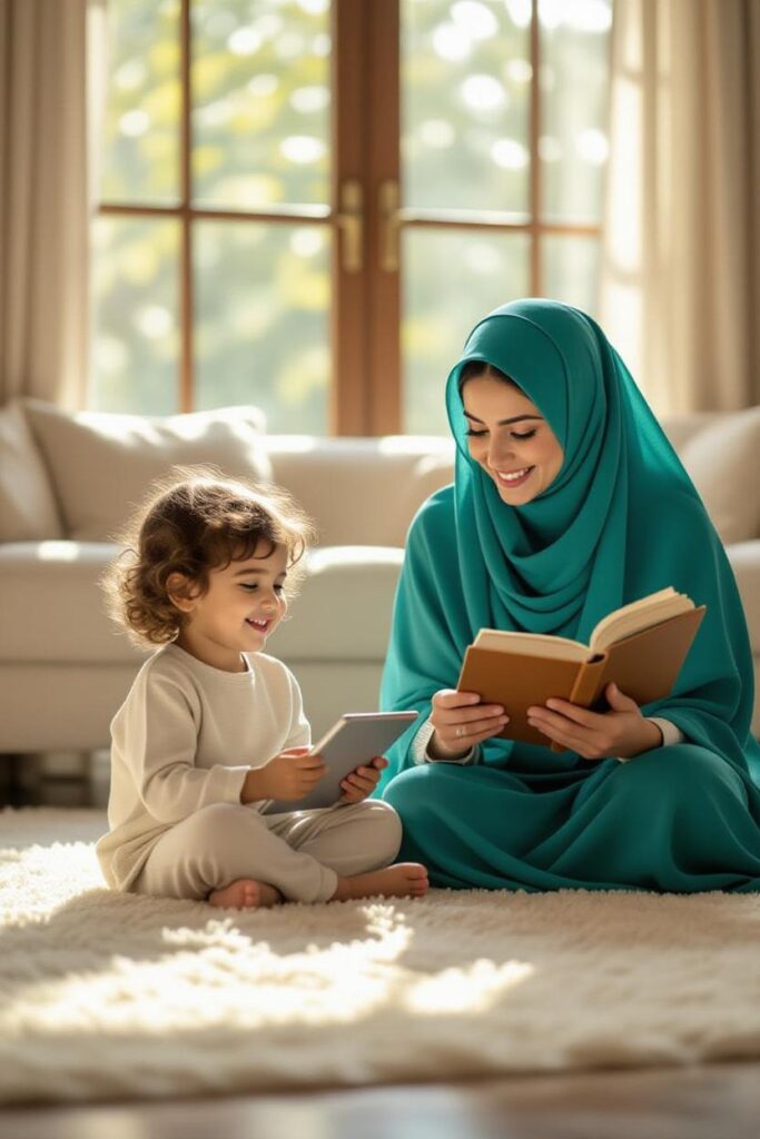 یک مادر در حال کتاب خواندن و دختر او دارد با تبلت ایمینو فعال بازی میکند