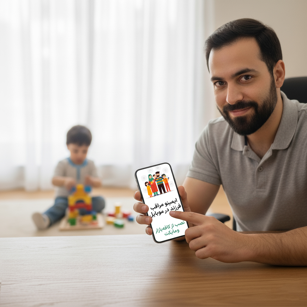 یک بچه در حال بازی با اسباب بازی روی زمین و یک پدر از اپلیکیشن ایمینو در حال استفاده است
