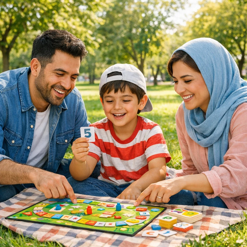 یک خانواده شاد در پارک در حال گوشی بازی 